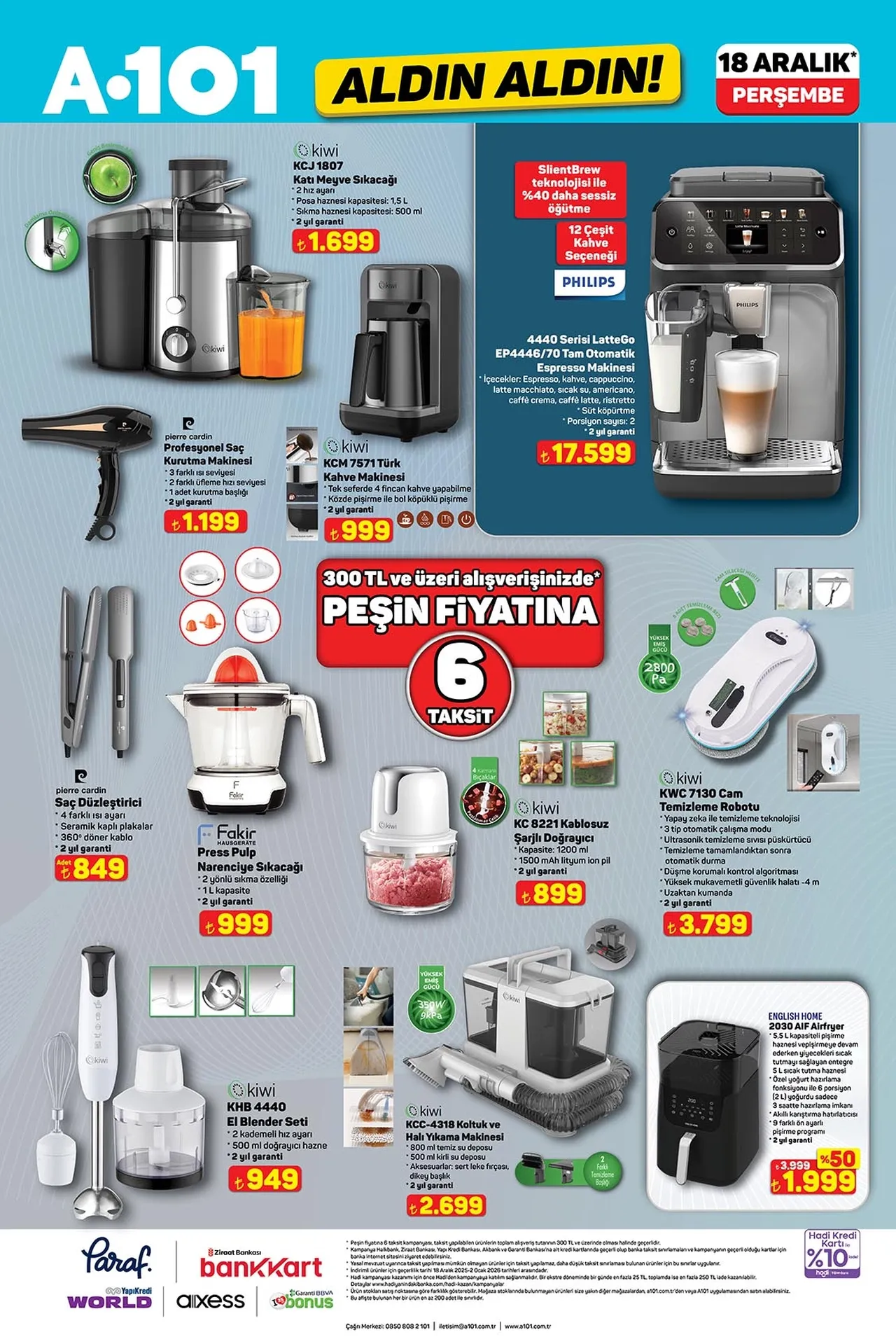 A 101 18 Aralık 2025 kataloğu! A101 aktüel indirimli ürünler kataloğunda Gaming Direksiyon, Pedal ve Vites Seti, Philips 4440 Serisi LatteGo Tam Otomatik Espresso Makinesi