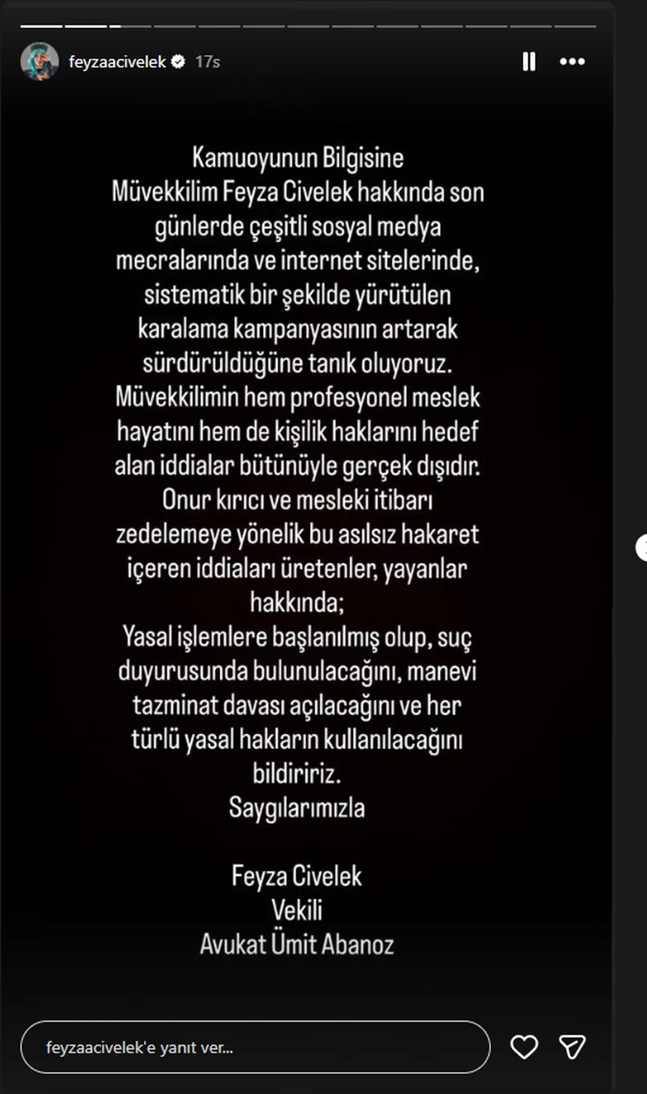 Feyza Civelek hakkındaki karalama kampanyalarına karşı savaş açtı 