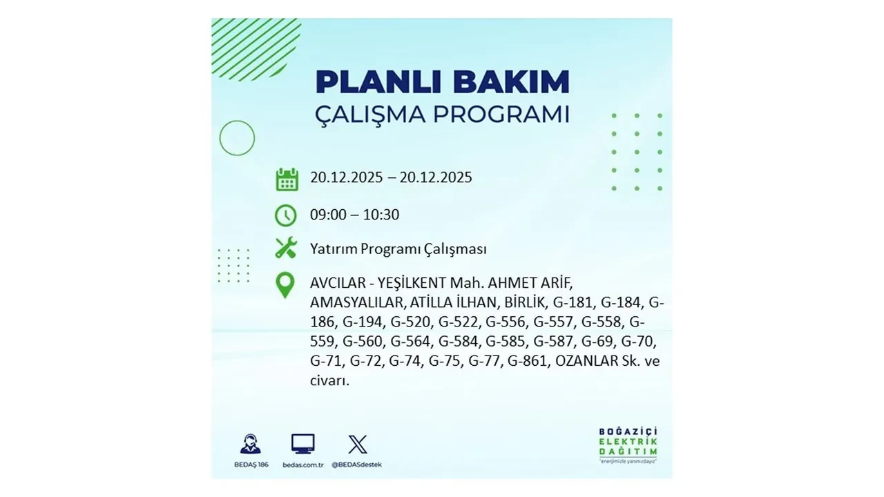 20 Aralık İstanbul elektrik kesintisi 