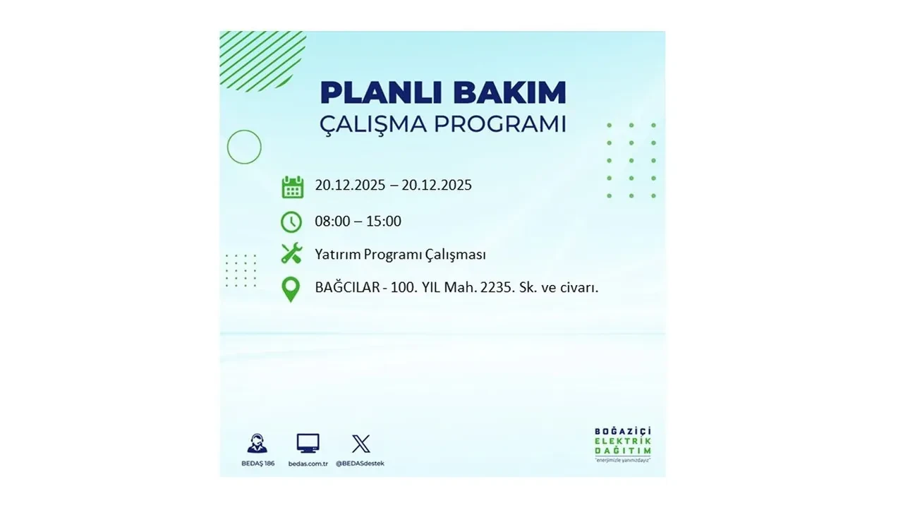 20 Aralık İstanbul elektrik kesintisi 