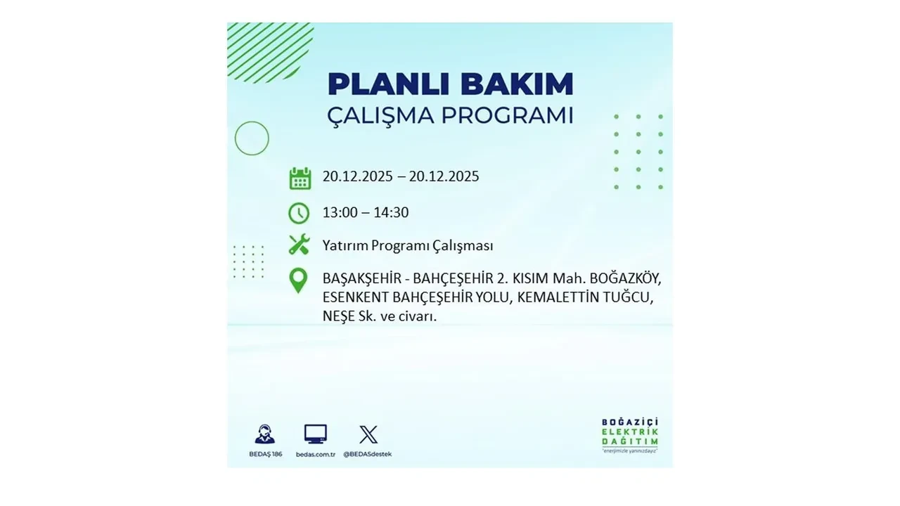20 Aralık İstanbul elektrik kesintisi 