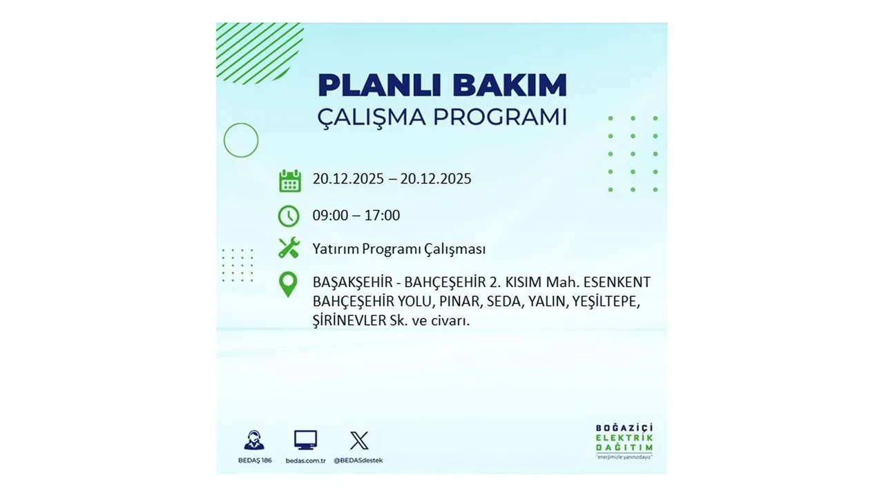 20 Aralık İstanbul elektrik kesintisi 