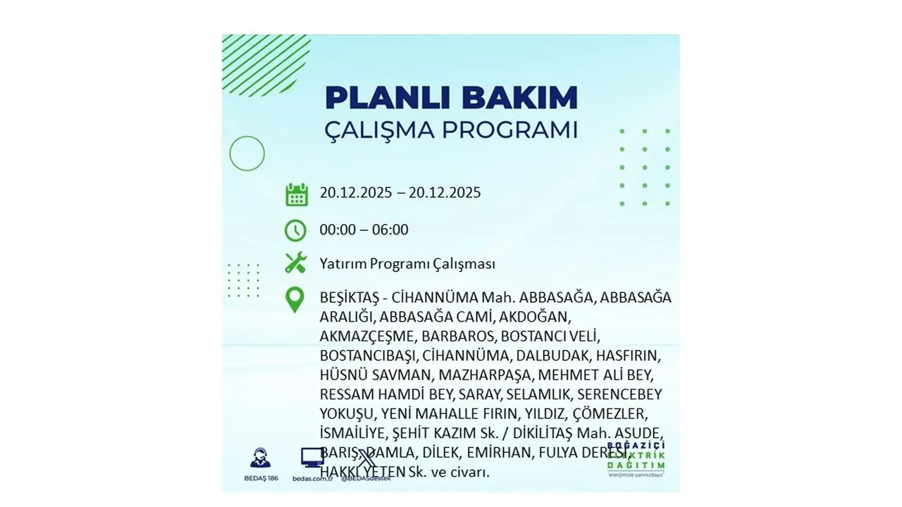 20 Aralık İstanbul elektrik kesintisi 