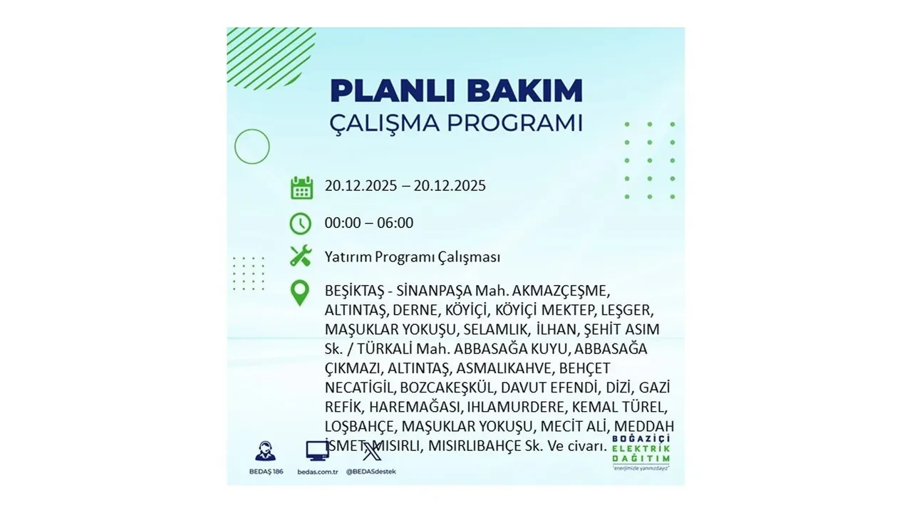 20 Aralık İstanbul elektrik kesintisi 