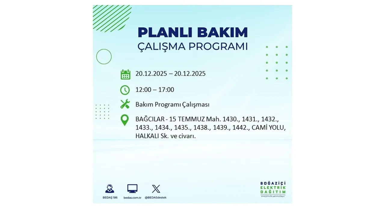 20 Aralık İstanbul elektrik kesintisi 