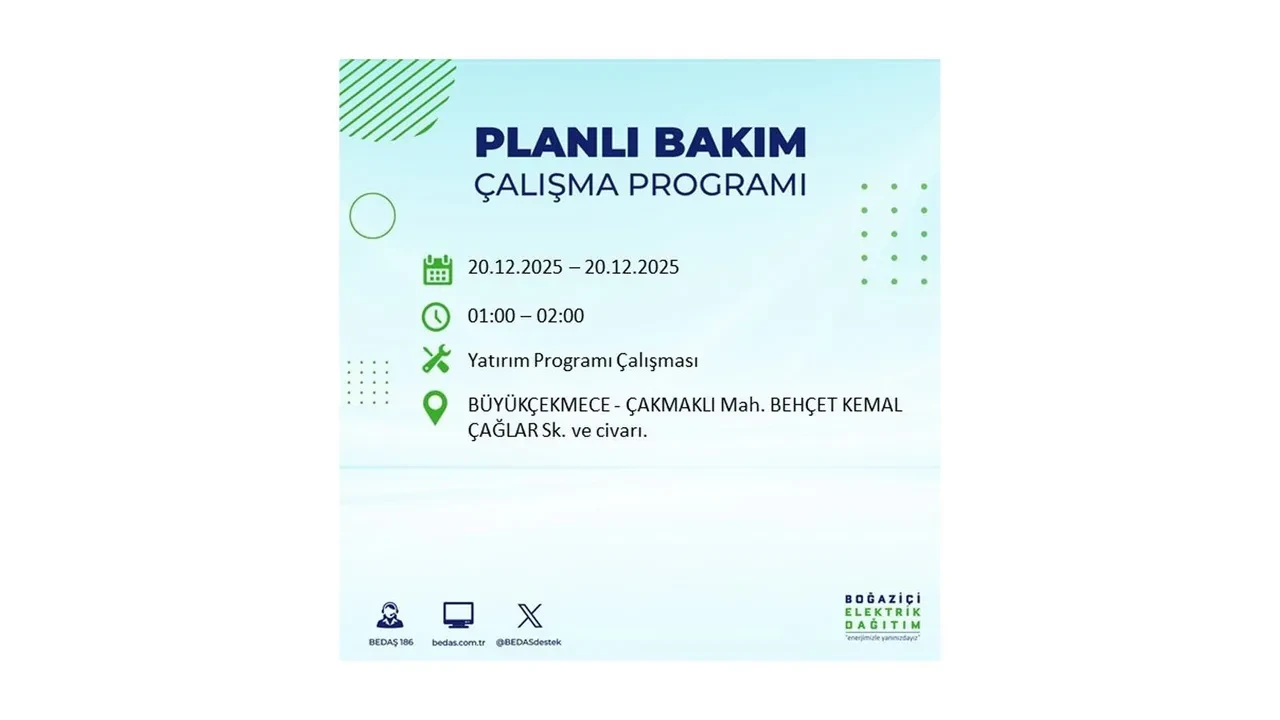 20 Aralık İstanbul elektrik kesintisi 
