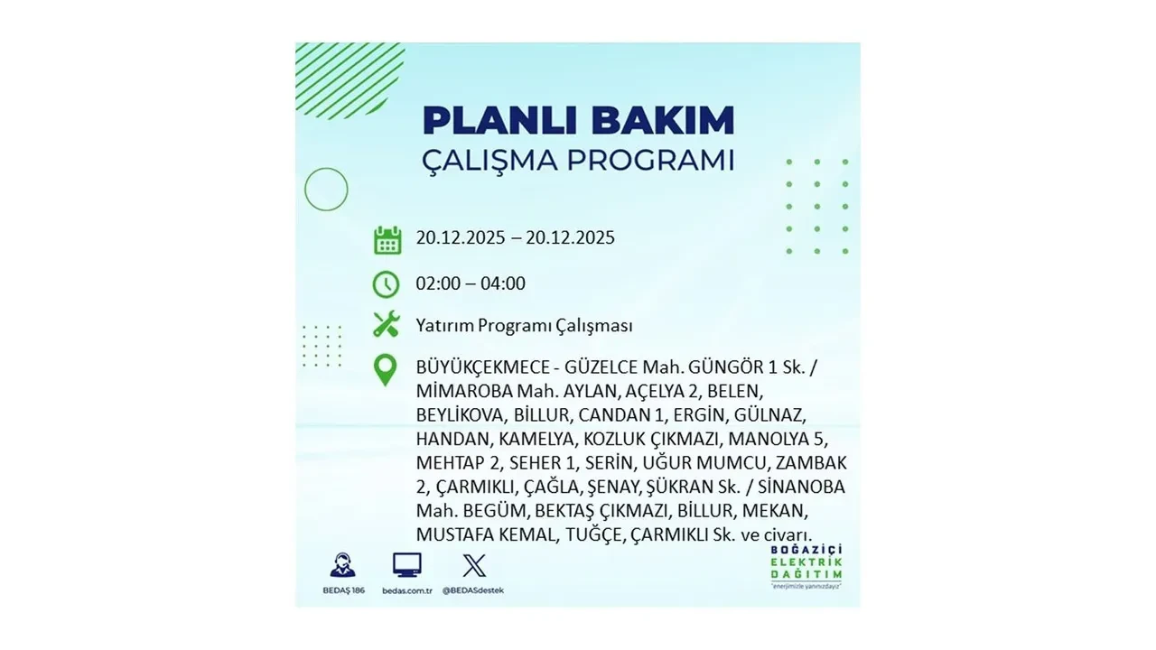 20 Aralık İstanbul elektrik kesintisi 