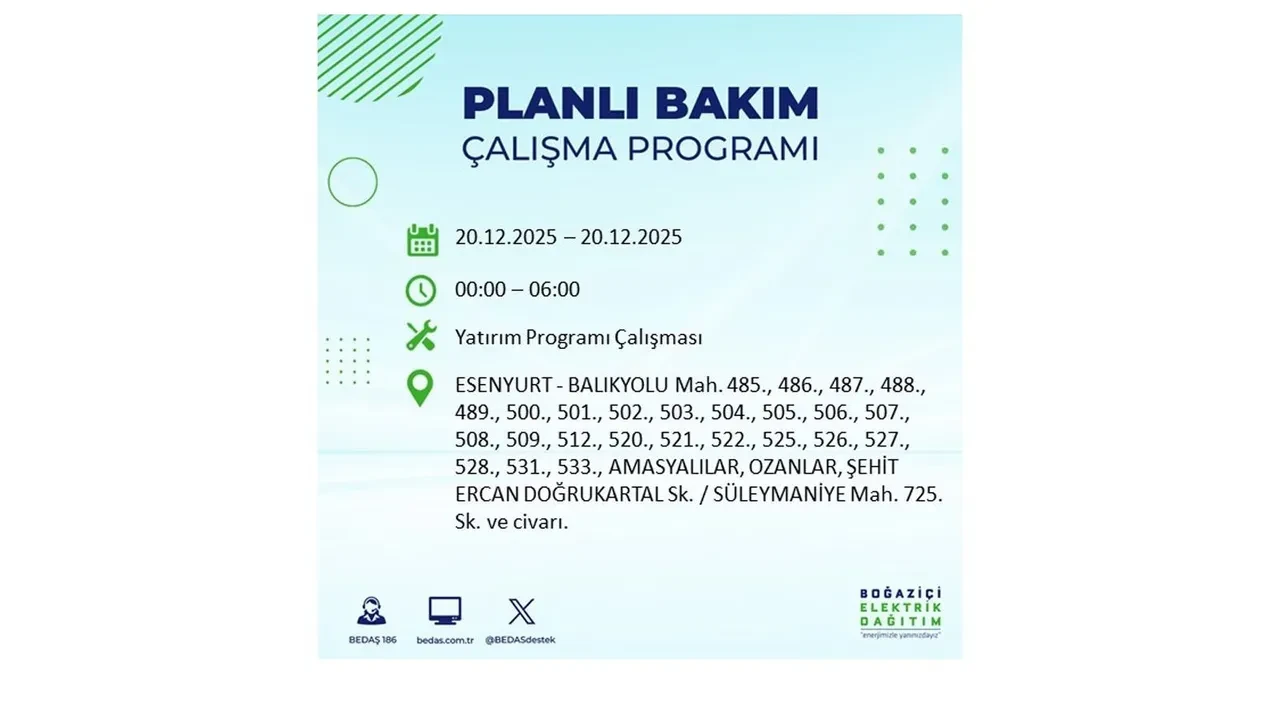 20 Aralık İstanbul elektrik kesintisi 