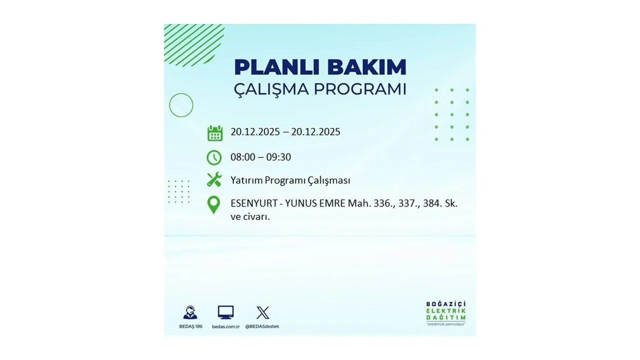 20 Aralık İstanbul elektrik kesintisi 