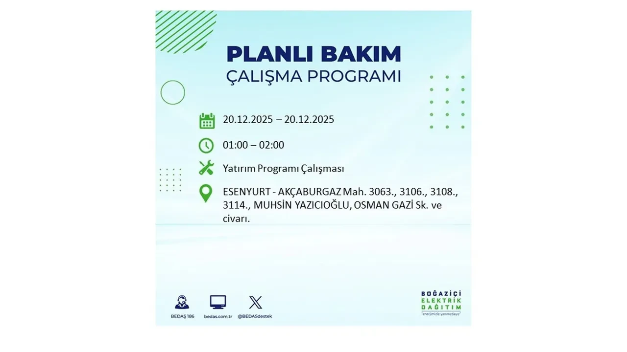 20 Aralık İstanbul elektrik kesintisi 