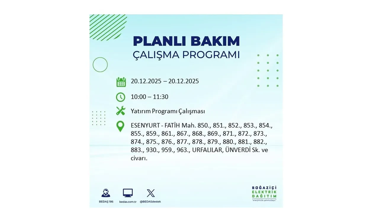 20 Aralık İstanbul elektrik kesintisi 