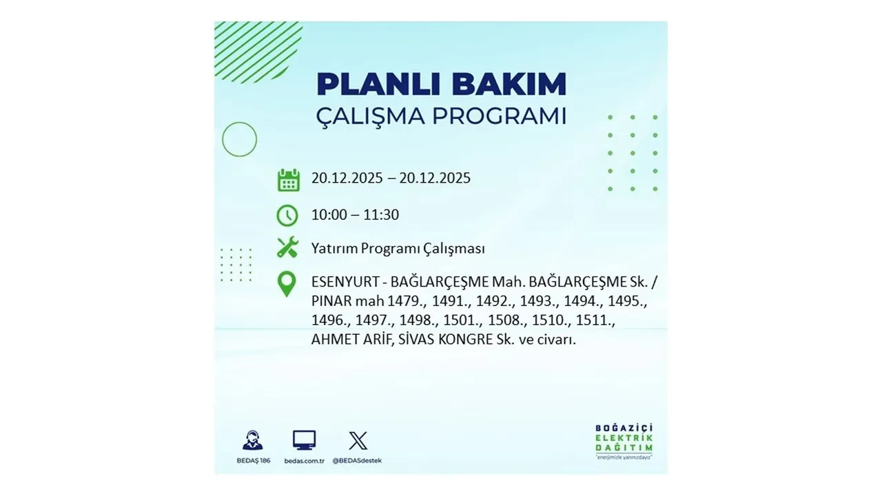 20 Aralık İstanbul elektrik kesintisi 
