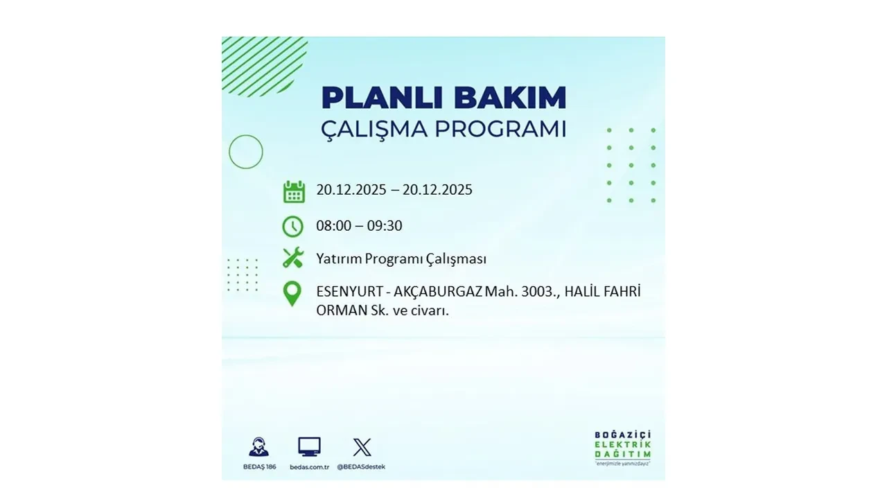 20 Aralık İstanbul elektrik kesintisi 