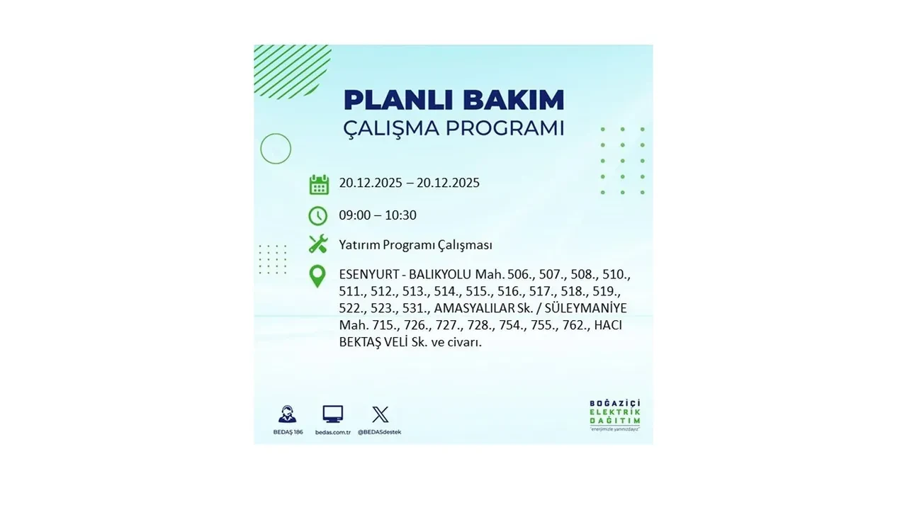 20 Aralık İstanbul elektrik kesintisi 
