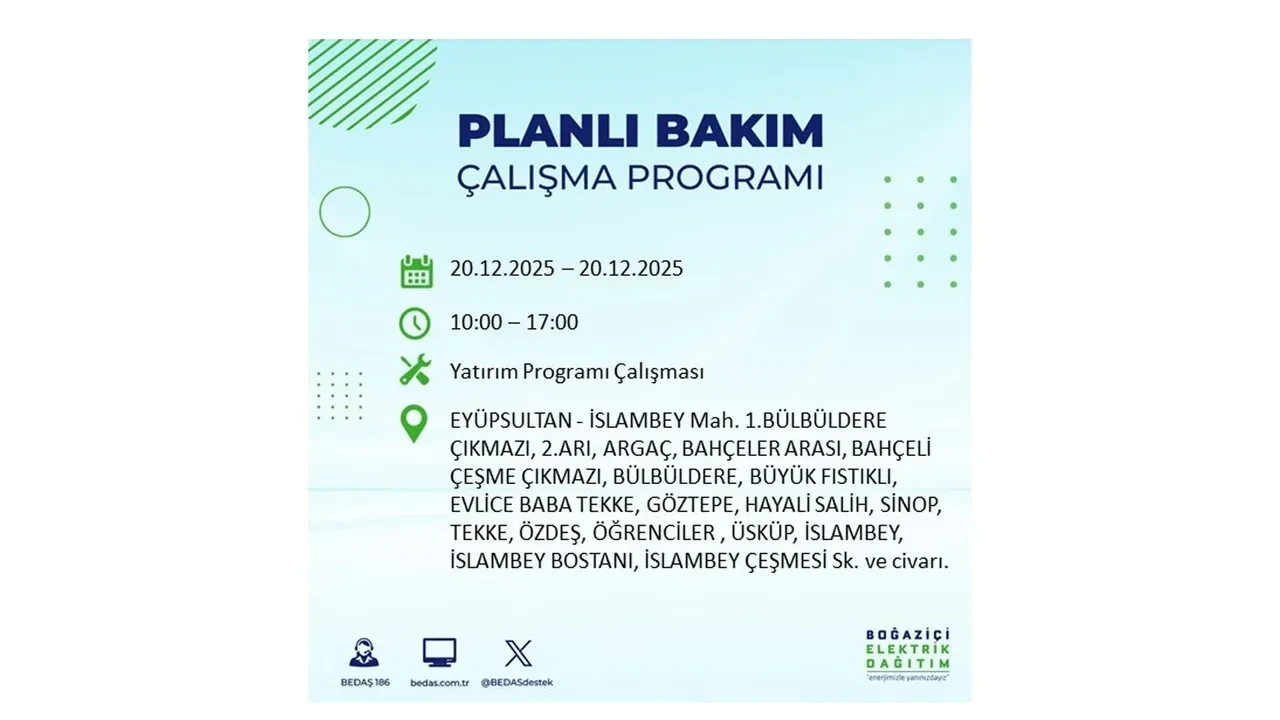 20 Aralık İstanbul elektrik kesintisi 