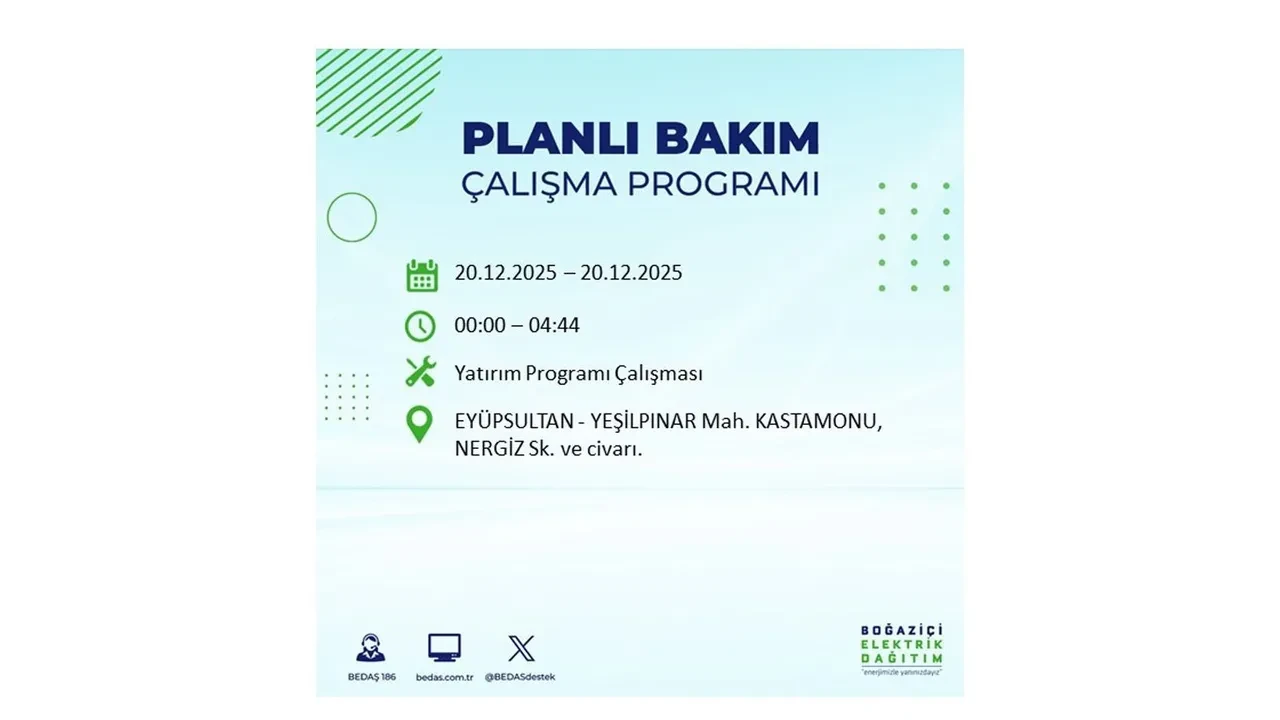 20 Aralık İstanbul elektrik kesintisi 