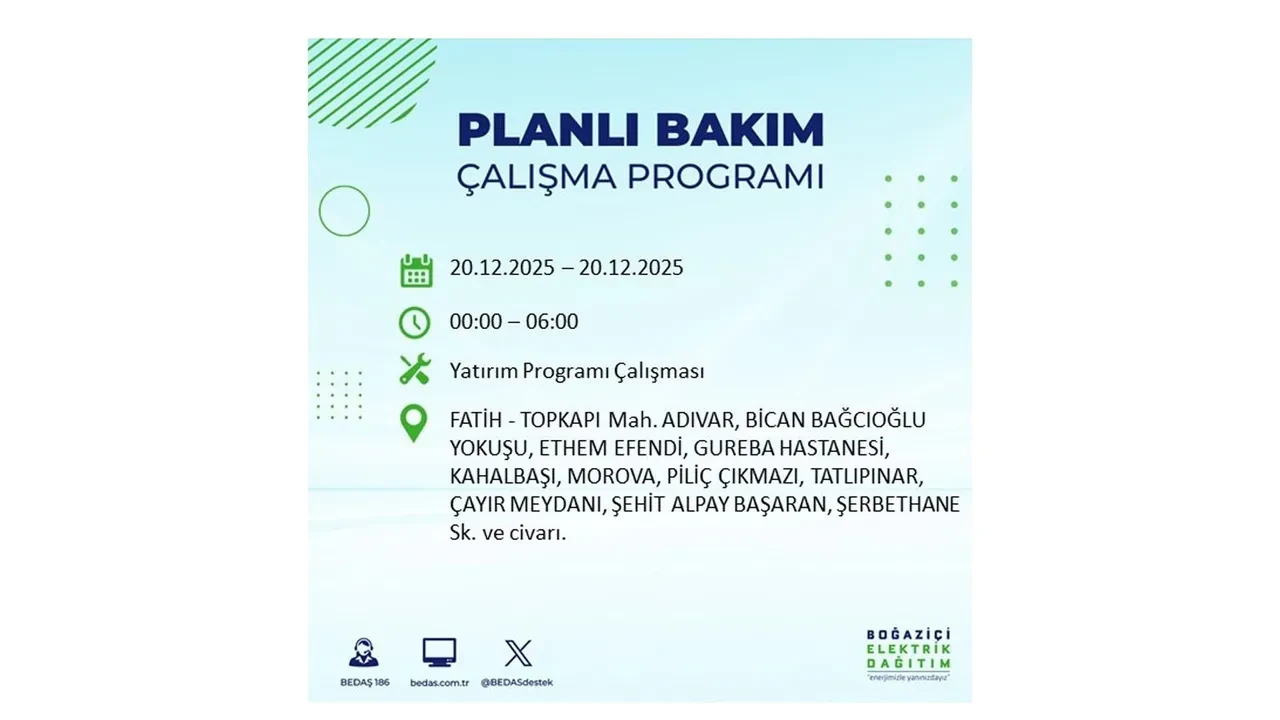 20 Aralık İstanbul elektrik kesintisi 