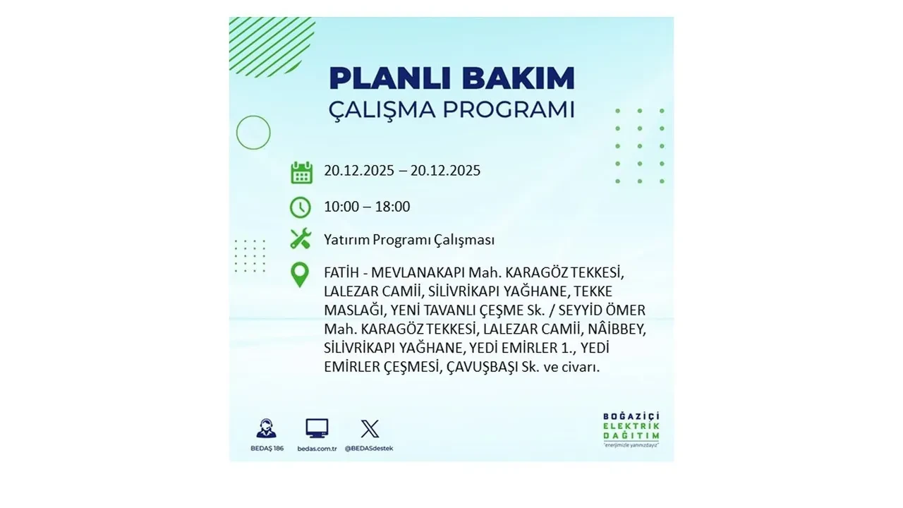 20 Aralık İstanbul elektrik kesintisi 