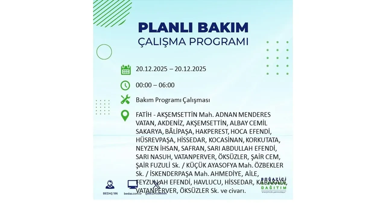 20 Aralık İstanbul elektrik kesintisi 