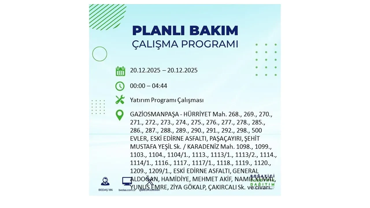 20 Aralık İstanbul elektrik kesintisi 