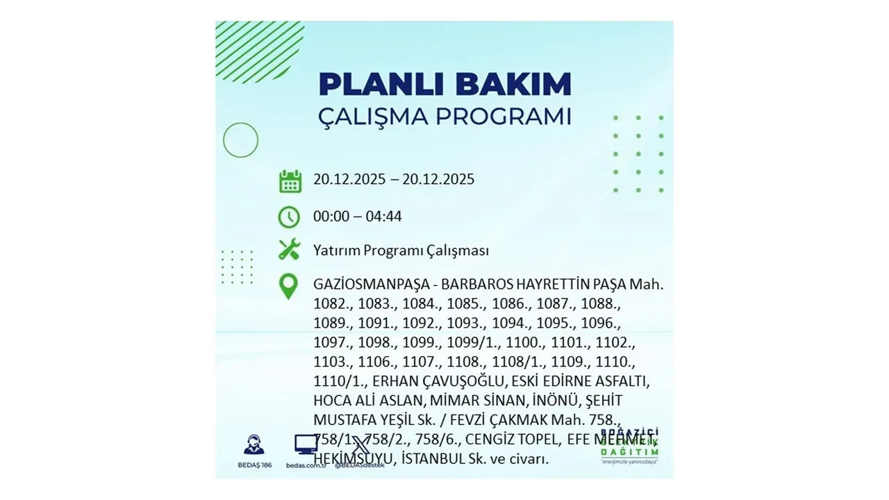 20 Aralık İstanbul elektrik kesintisi 