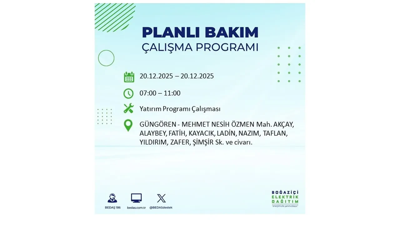 20 Aralık İstanbul elektrik kesintisi 
