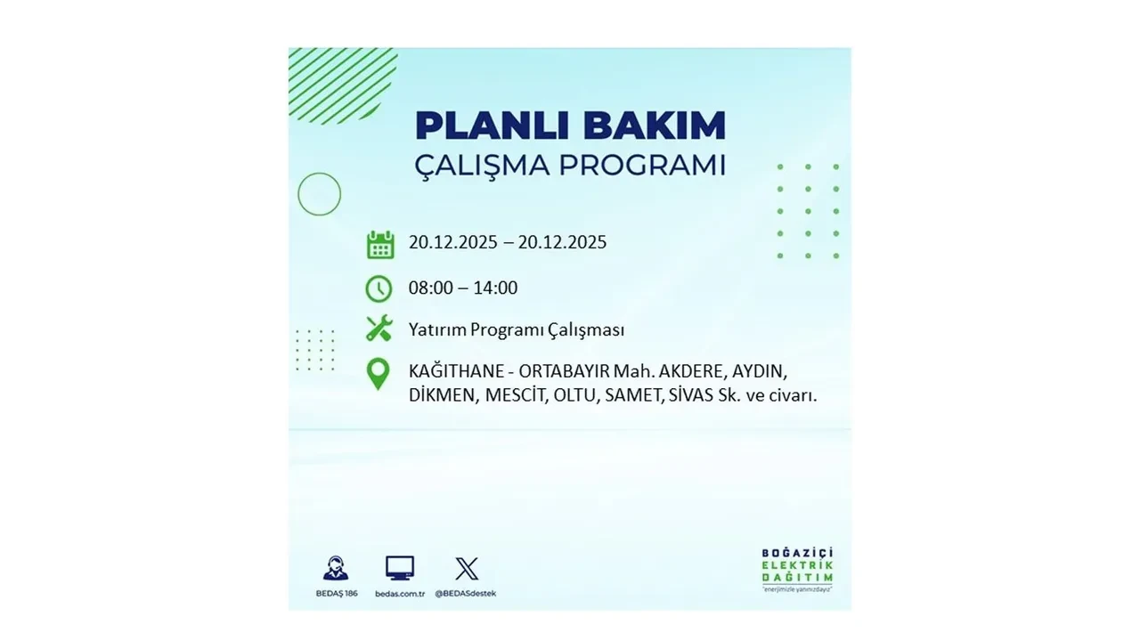 20 Aralık İstanbul elektrik kesintisi 