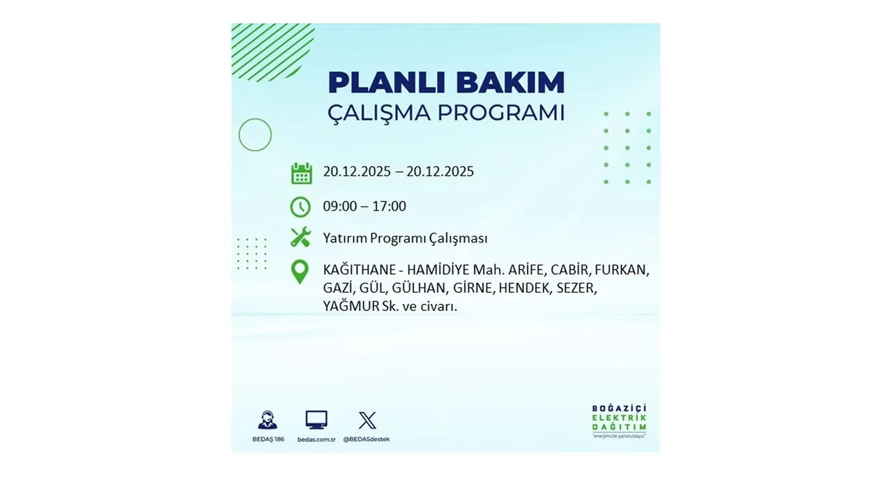 20 Aralık İstanbul elektrik kesintisi 