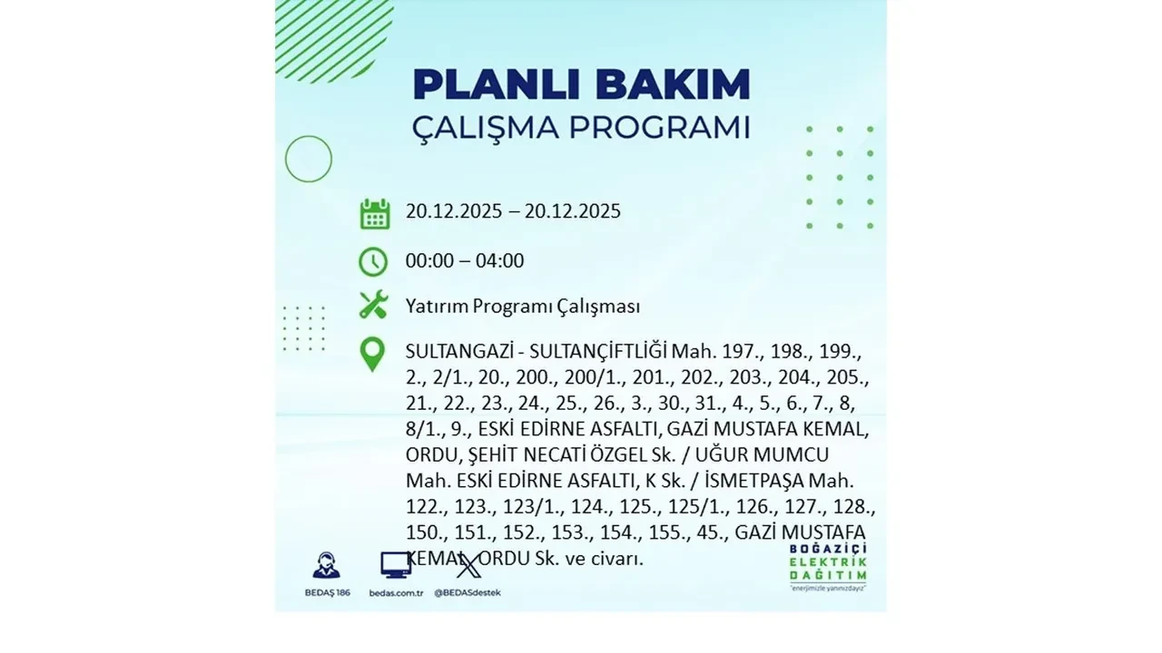 20 Aralık İstanbul elektrik kesintisi 