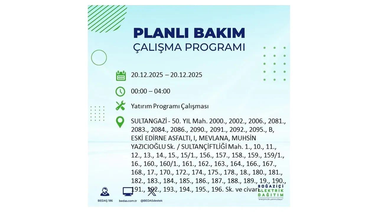 20 Aralık İstanbul elektrik kesintisi 