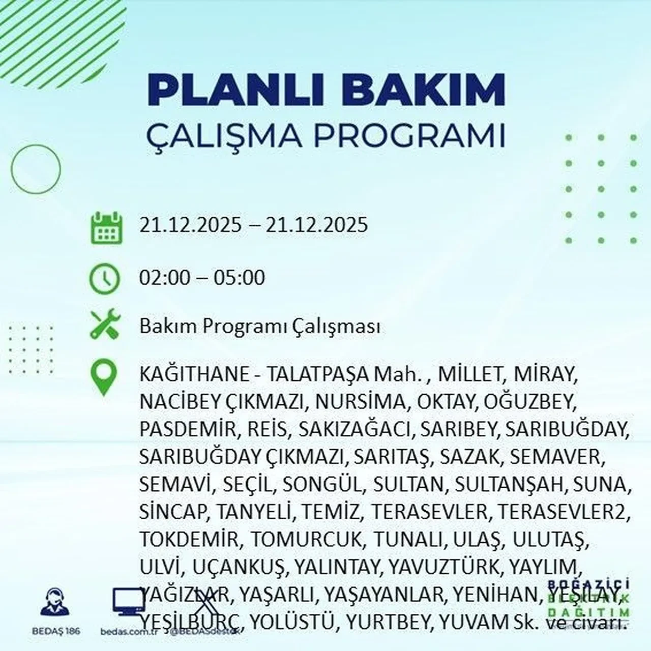 21 Aralık İstanbul elektrik kesintisi 