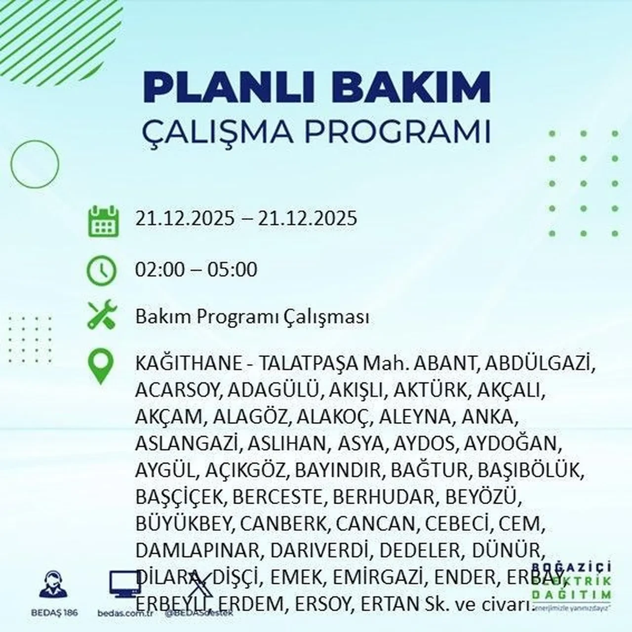 21 Aralık İstanbul elektrik kesintisi 