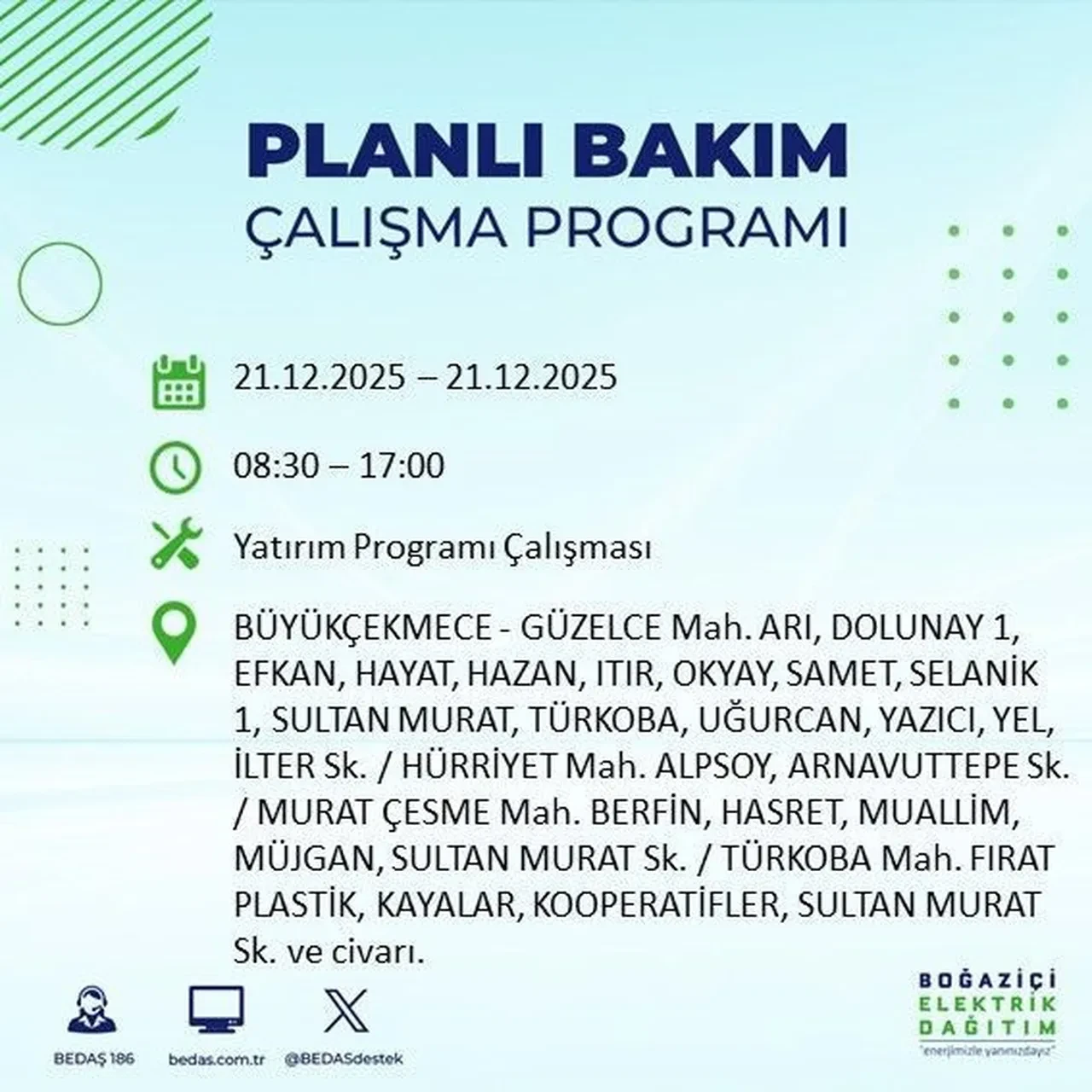 21 Aralık İstanbul elektrik kesintisi 