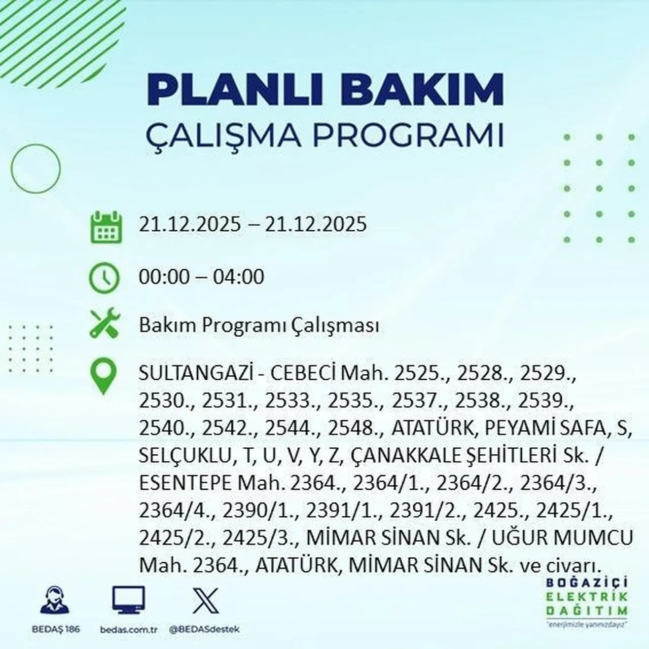 21 Aralık İstanbul elektrik kesintisi 