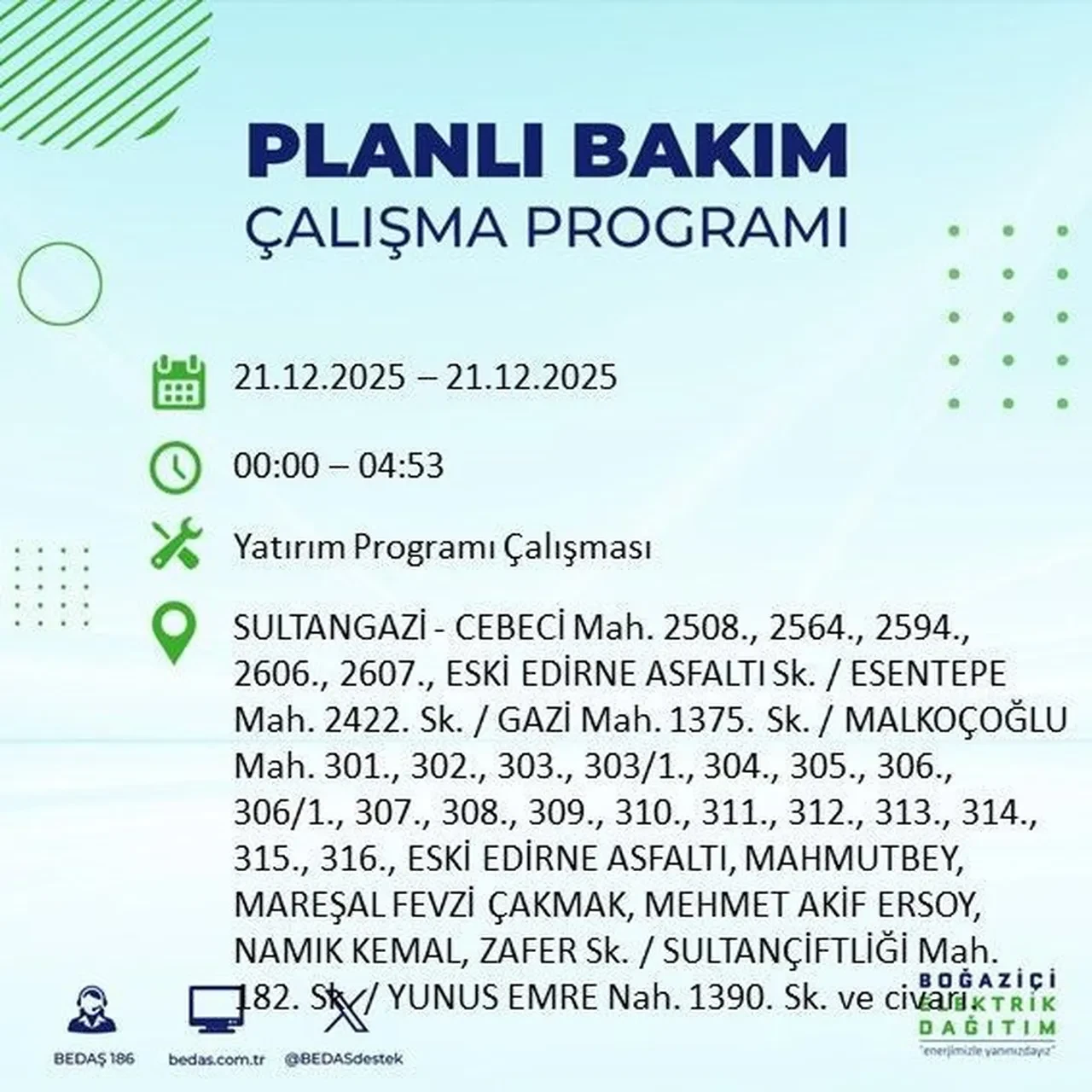 21 Aralık İstanbul elektrik kesintisi 