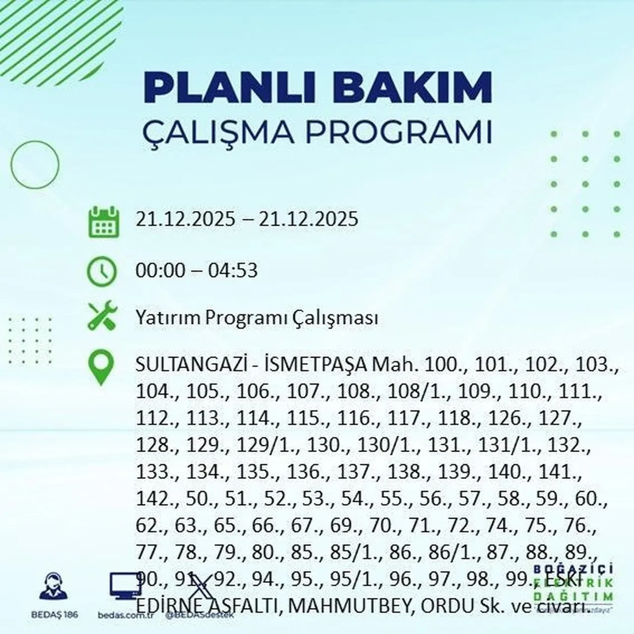 21 Aralık İstanbul elektrik kesintisi 