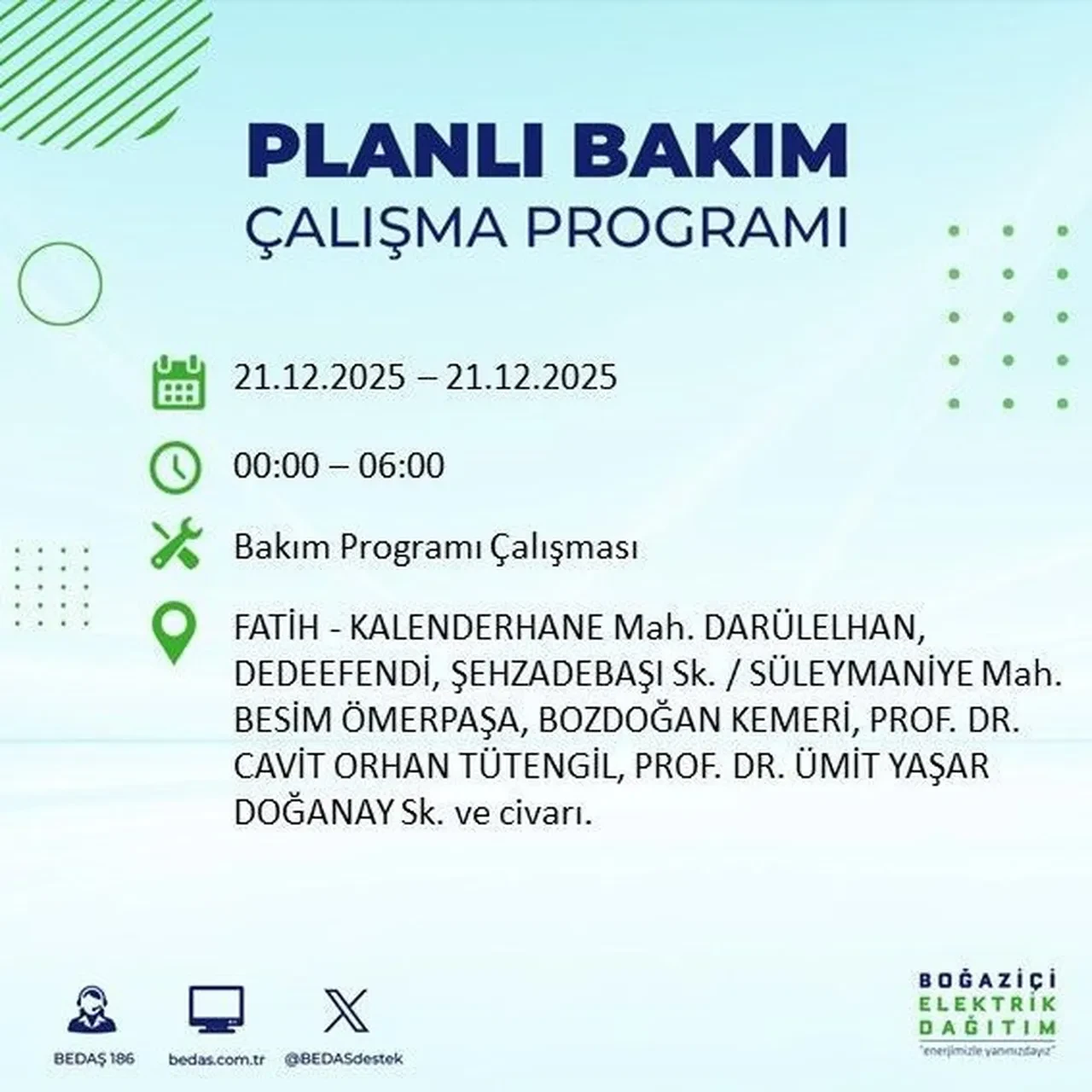 21 Aralık İstanbul elektrik kesintisi 