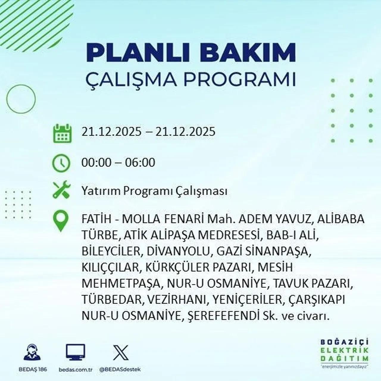 21 Aralık İstanbul elektrik kesintisi 