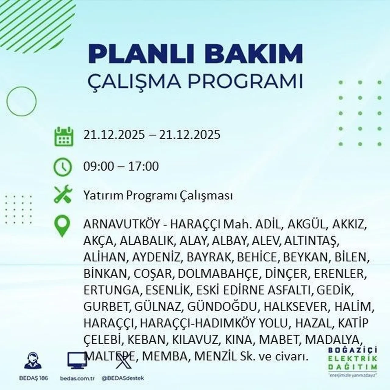 21 Aralık İstanbul elektrik kesintisi 