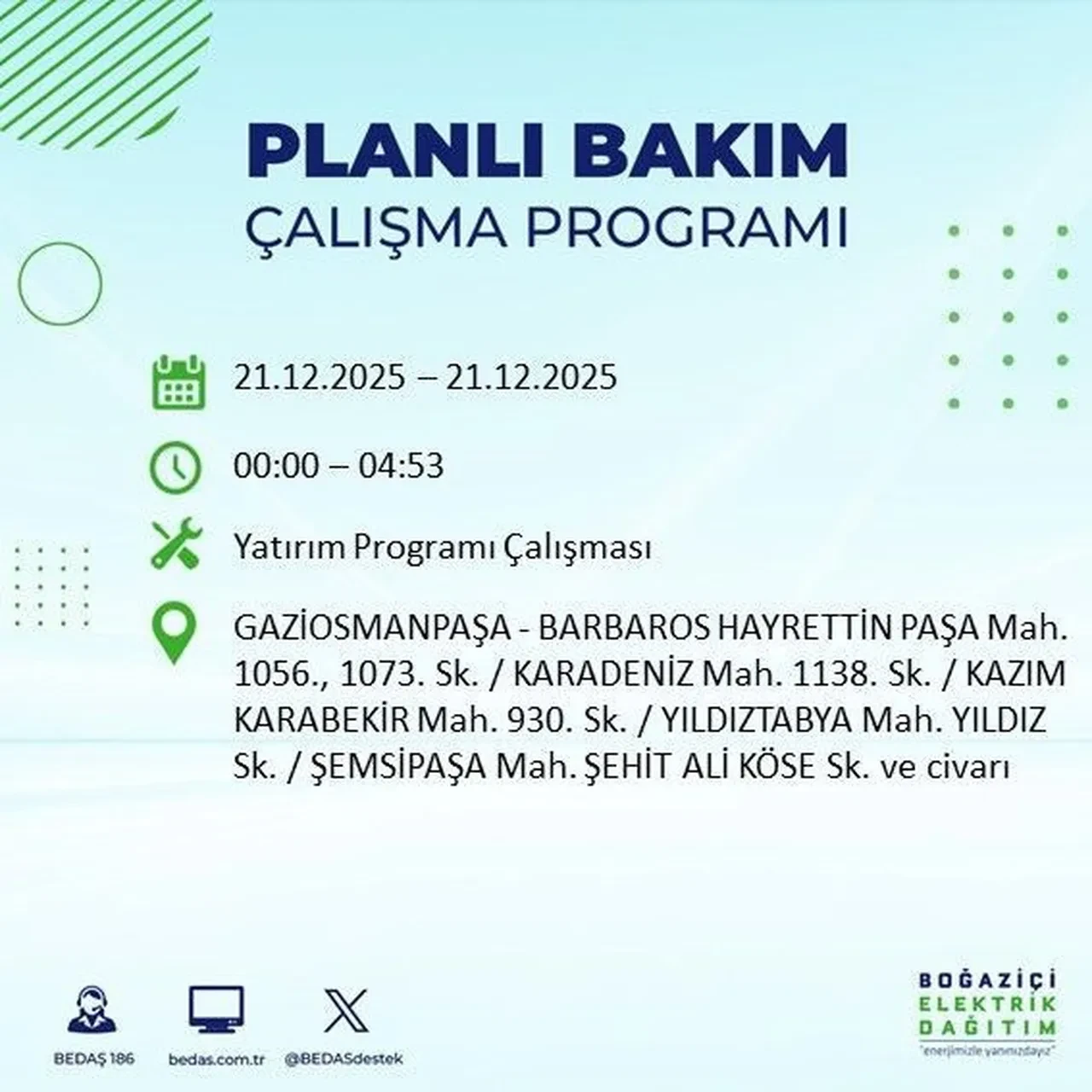 21 Aralık İstanbul elektrik kesintisi 