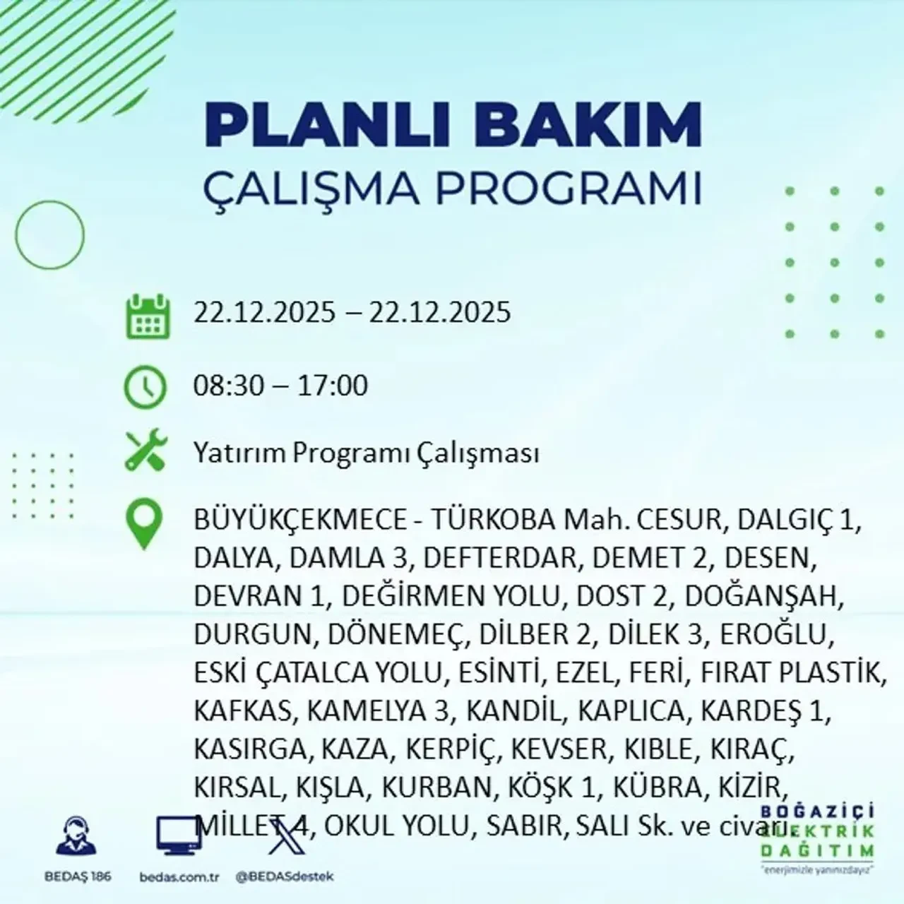 22 Aralık İstanbul elektrik kesintisi 