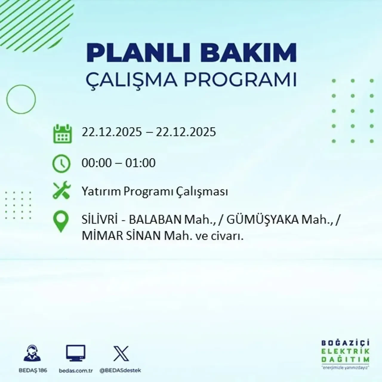 22 Aralık İstanbul elektrik kesintisi 