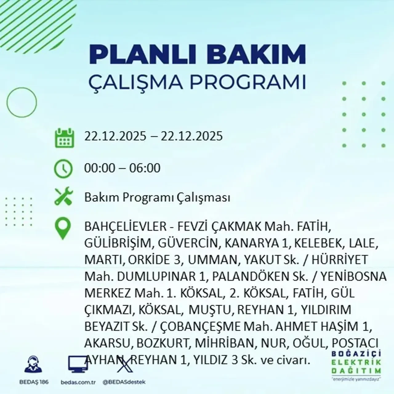 22 Aralık İstanbul elektrik kesintisi 