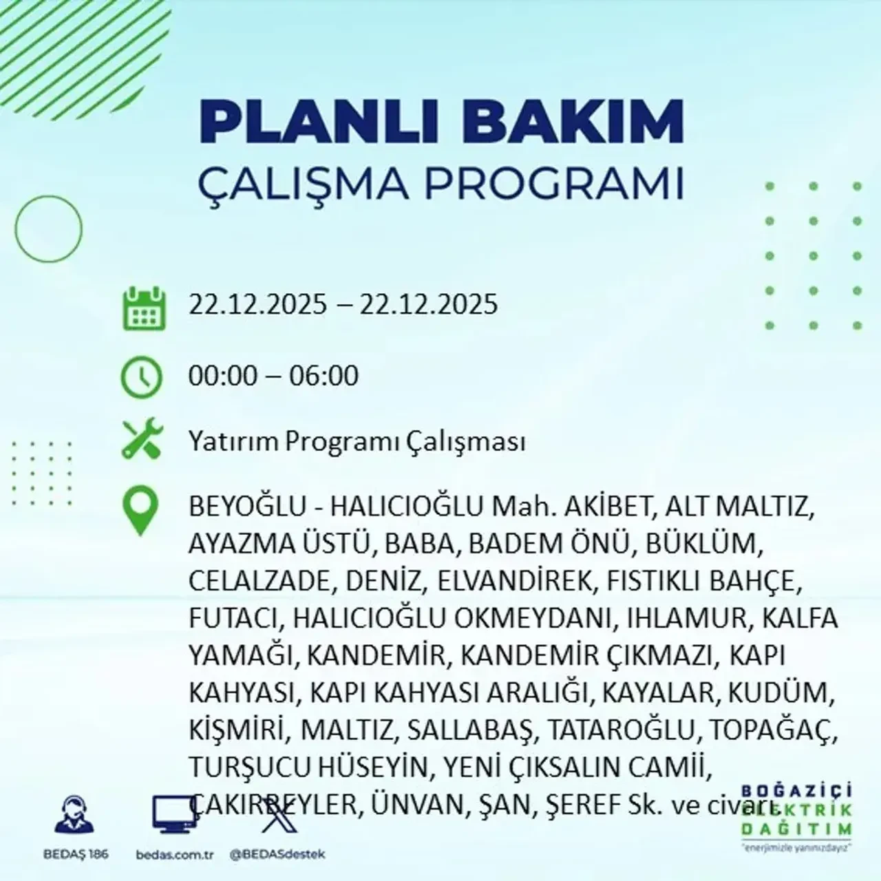 22 Aralık İstanbul elektrik kesintisi 