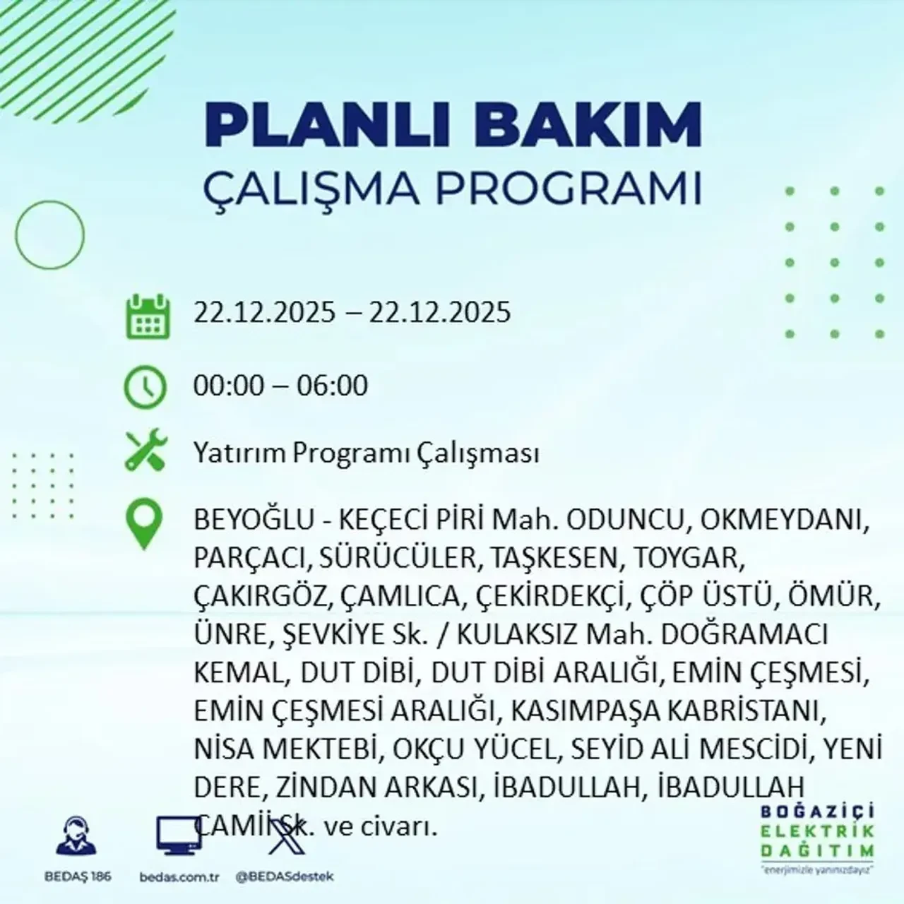 22 Aralık İstanbul elektrik kesintisi 