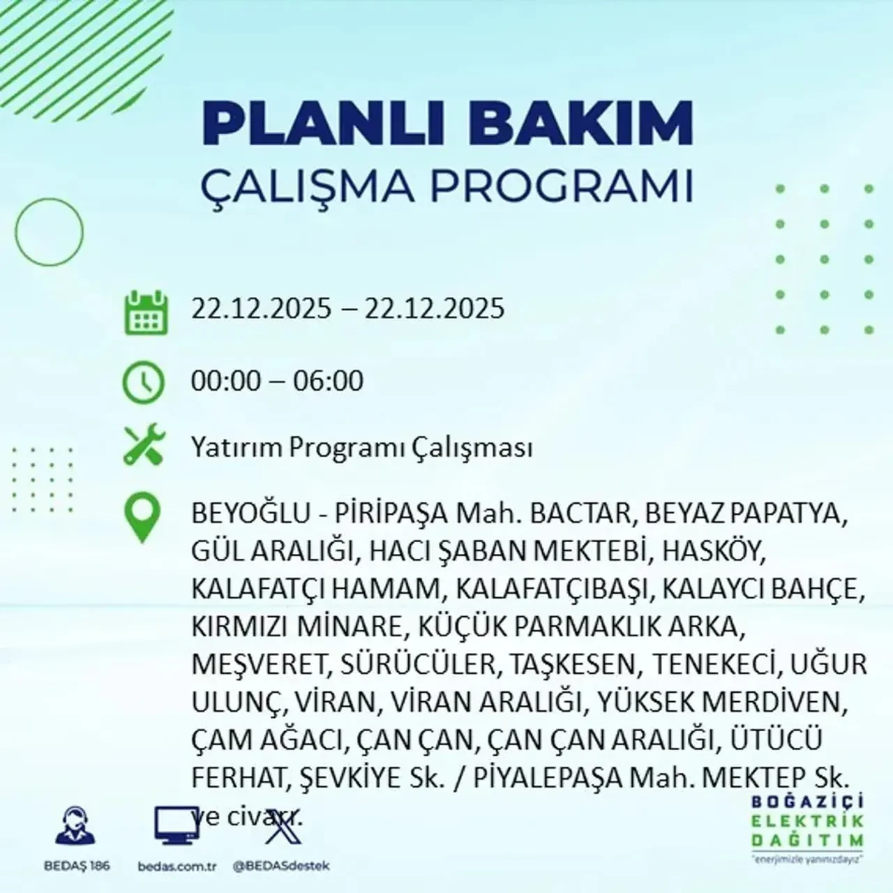 22 Aralık İstanbul elektrik kesintisi 