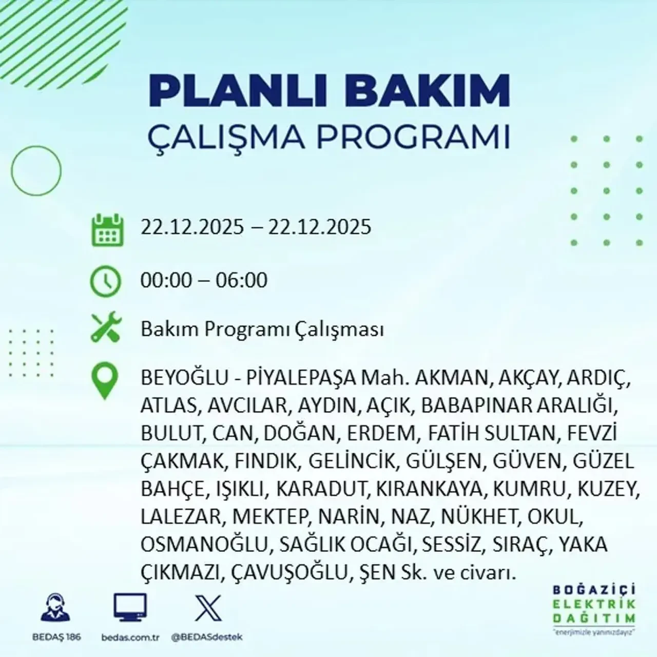 22 Aralık İstanbul elektrik kesintisi 