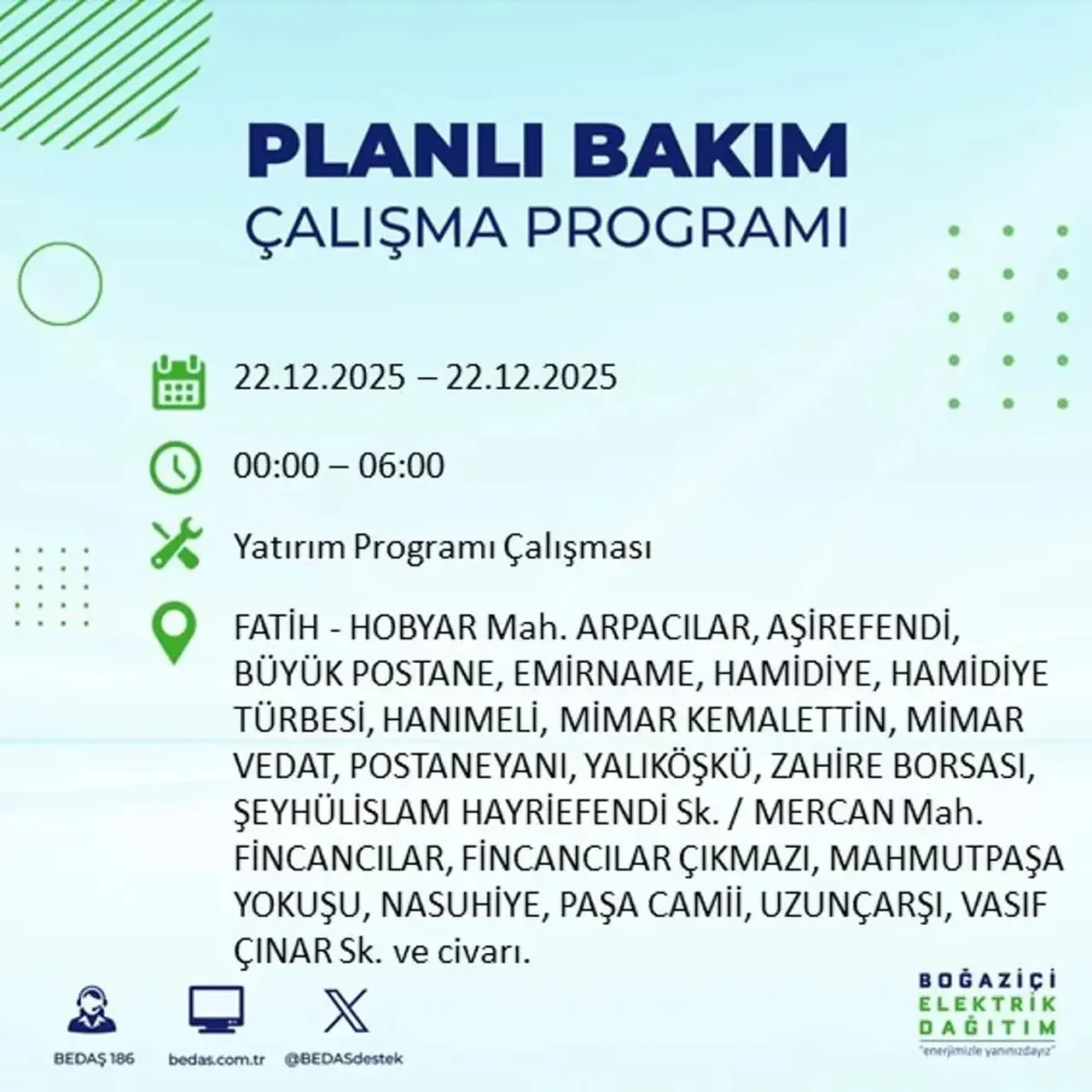 22 Aralık İstanbul elektrik kesintisi 