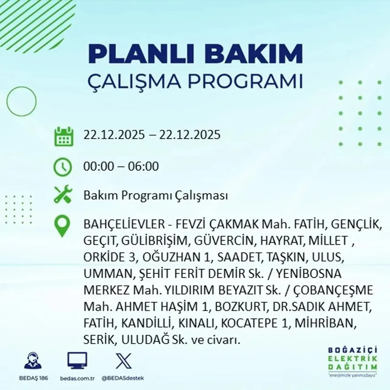 22 Aralık İstanbul elektrik kesintisi 