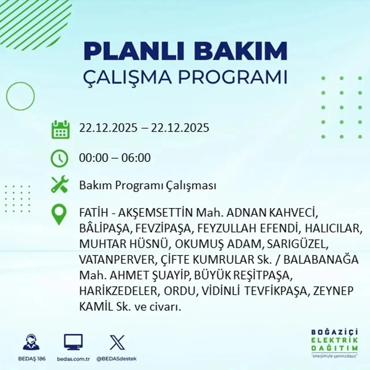 22 Aralık İstanbul elektrik kesintisi 